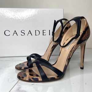 CASADEI Two-Tone Black & Leopard Print Patent Strappy High Heel Sandals 7